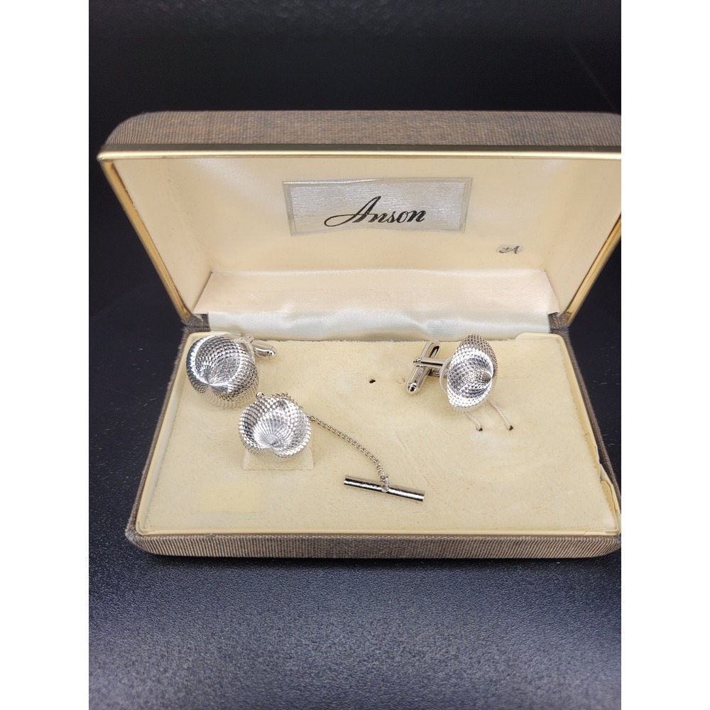 Anson Cufflink Tie Tack Set Silver Tone Textured Swirl Mesh Design with Box